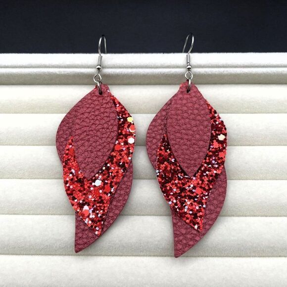 Red Faux Leather with Sequin Layered Leaf 316L Stainless Steel Hook Earrings - Picture 6 of 10